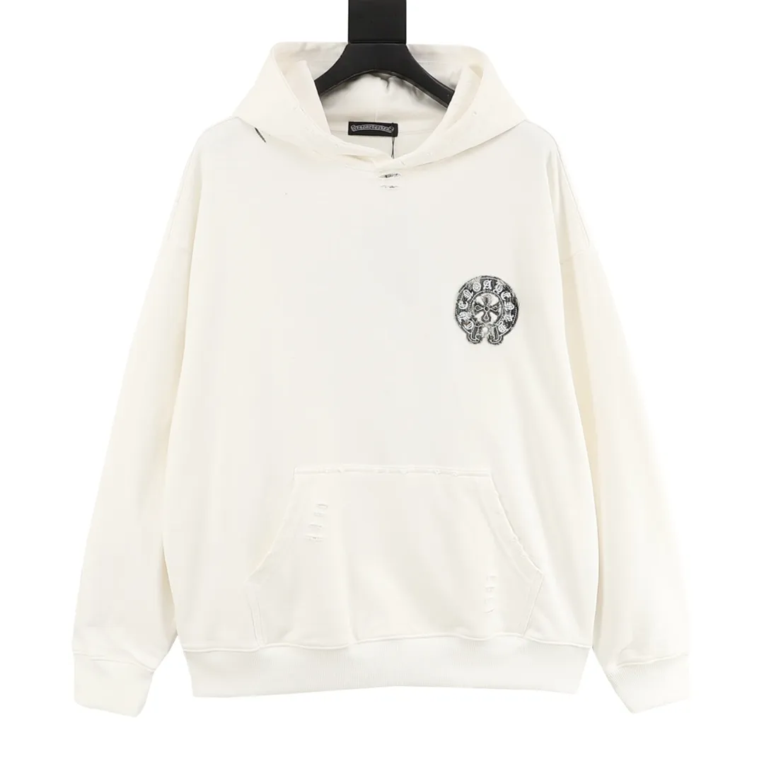 P580 Chrome Hearts/Chrome Hearts Heavy Industry Cross Logo Patch Embroidery Washed Burnt Flower Hooded Sweater Made of 430g pure cotton sweatshirt fabric with double yarns. The fabric is woven with double yarns and twisted together. It is 40% stronger than single yarn and forms a three-dimensional texture similar to the texture of tripe. It not only maintains the moisture absorption and breathability of pure cotton, but also achieves softness and non-collapse through double-strand thickening. Laser burnt patch embroidery. Frayed process Micro-label patch on the chest Large logo cross pattern on the back Heavy-duty laser burnt three-dimensional patch embroidery pattern design Washed and frayed The overall garment presents a lazy style Whether it is daily outings or sports and fitness, you can show your trendy attitude and become the focus of the street Complete with three logos OS loose fit Color: Washed black, Washed white Size: S-XL